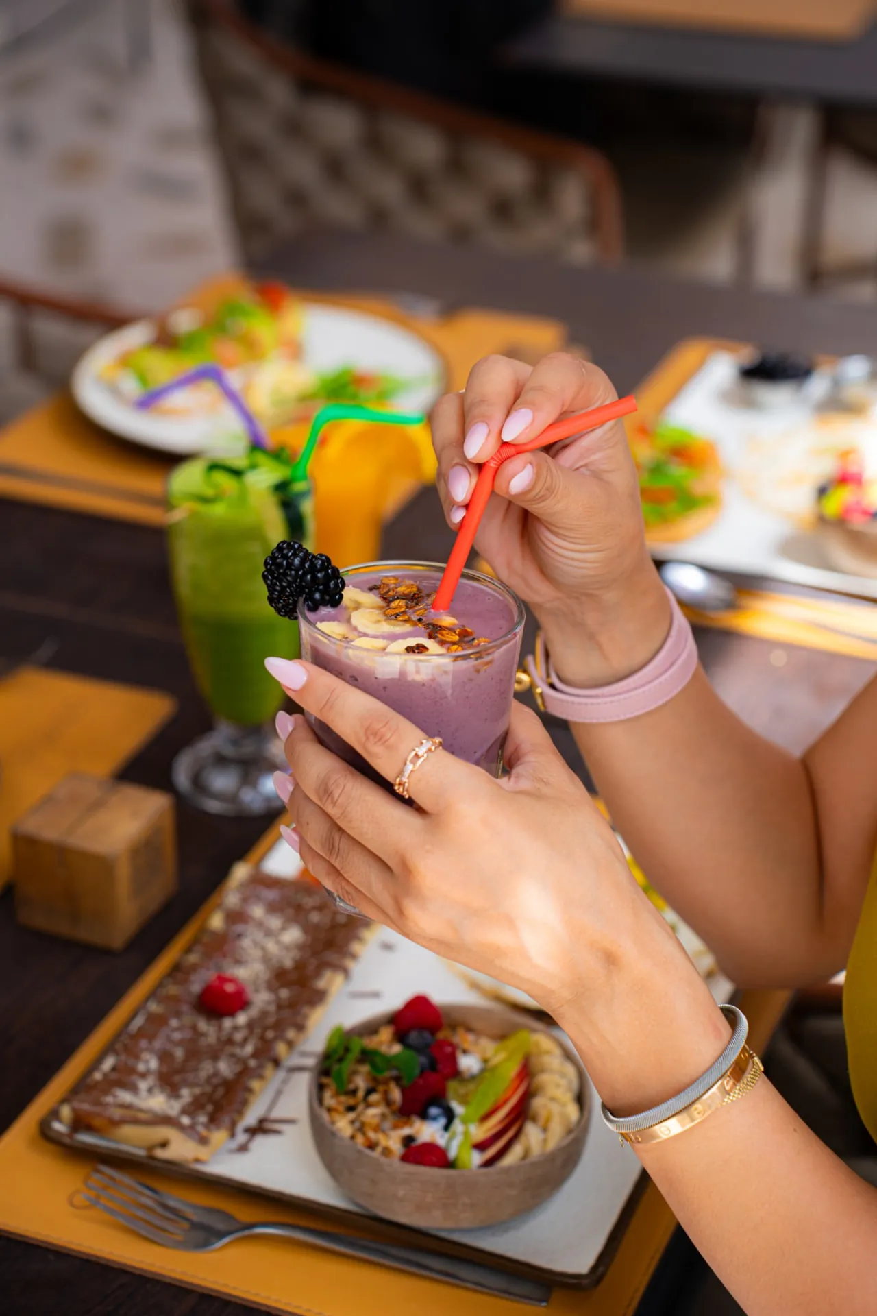 Red berry smoothie on a brunch table